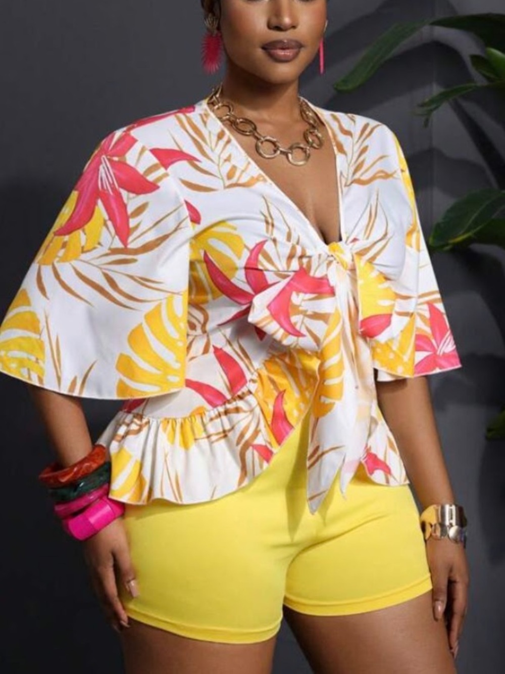 Tropical Tie-Front Flutter Sleeve Top set - White with Pink & Yellow Print